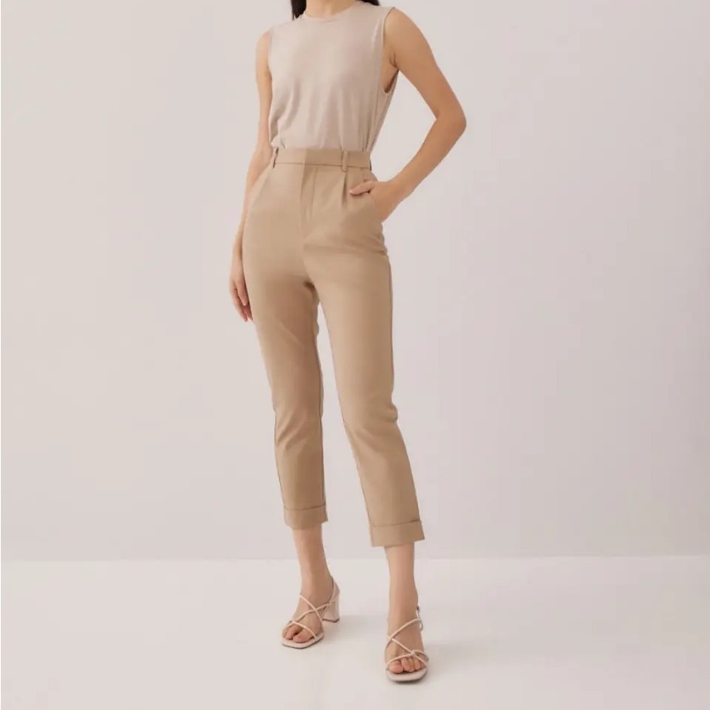 High-Rise Cropped Tailored Pants in Beige